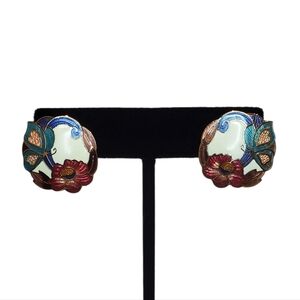Vintage Unsigned Cloisonne Enamel Butterfly & Floral Post Back Stud Earrings